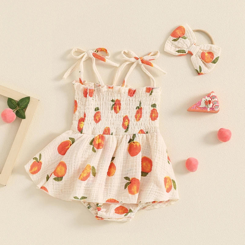 Baby Girls 2Pcs Summer Romper Dress Sleeveless Peach Print Cami Tank Playsuit with Headband Set