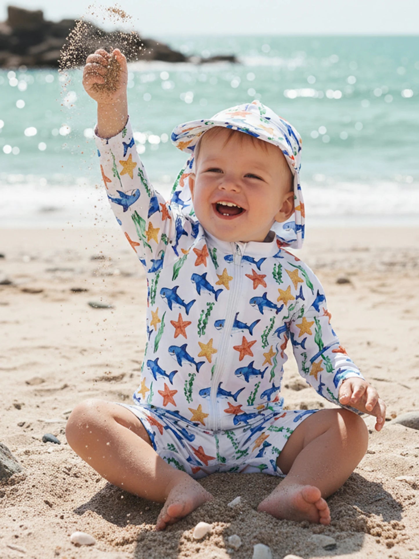 Baby Toddler Boys 3Pcs Rash Guard Swimsuit Print Zip Up Long Sleeve Swimwear Top Swim Shorts and Hat Set