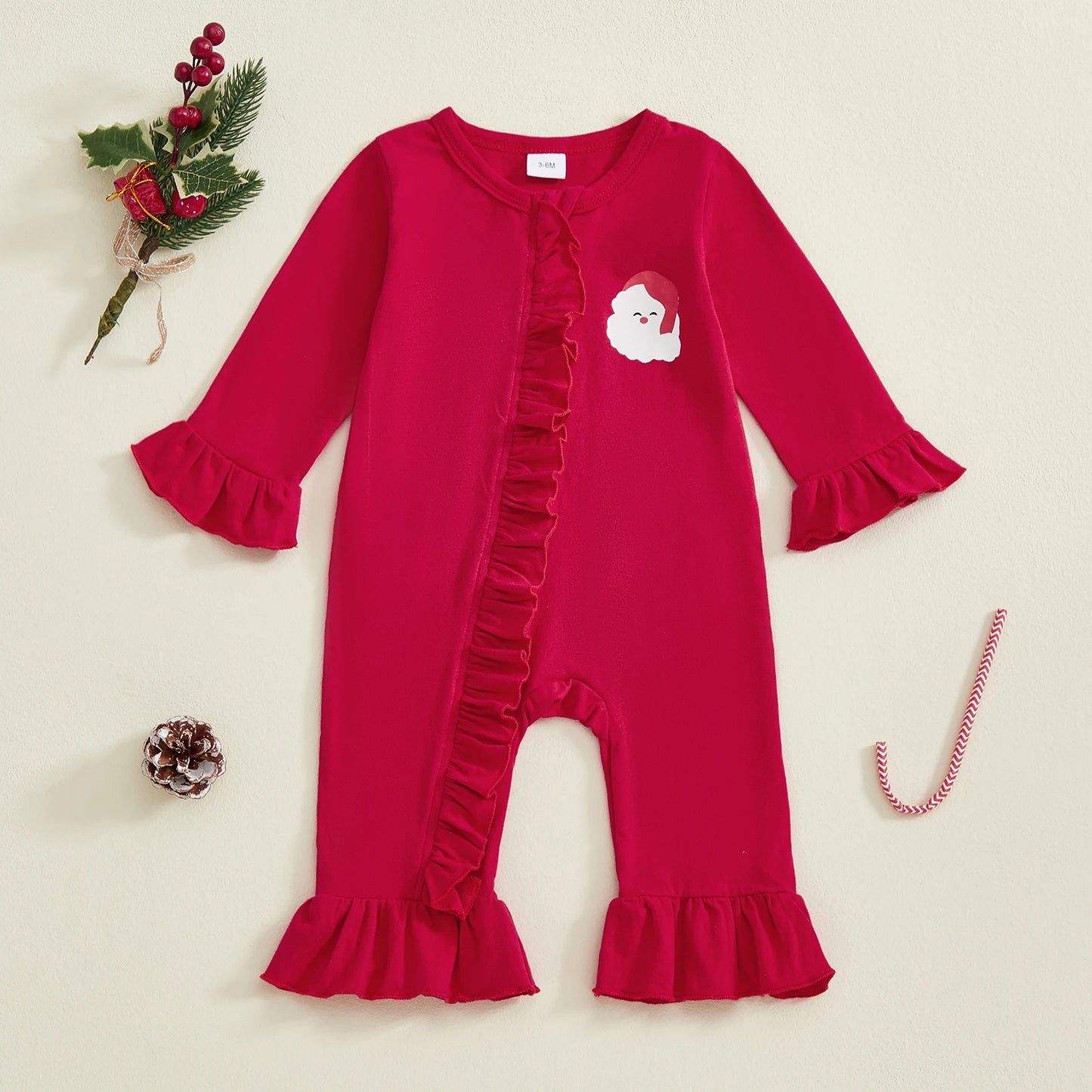 Baby Girl Bell Bottom Romper Fashionable Santa Claus Print Ho Ho Ho Bottom Round Neck Long Sleeve Ruffled Jumpsuit