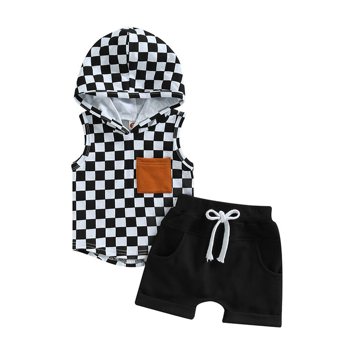 Toddler Baby Boy 2Pcs Summer Outfits Checkerboard Print Tank Top Hoodie and Harem Shorts