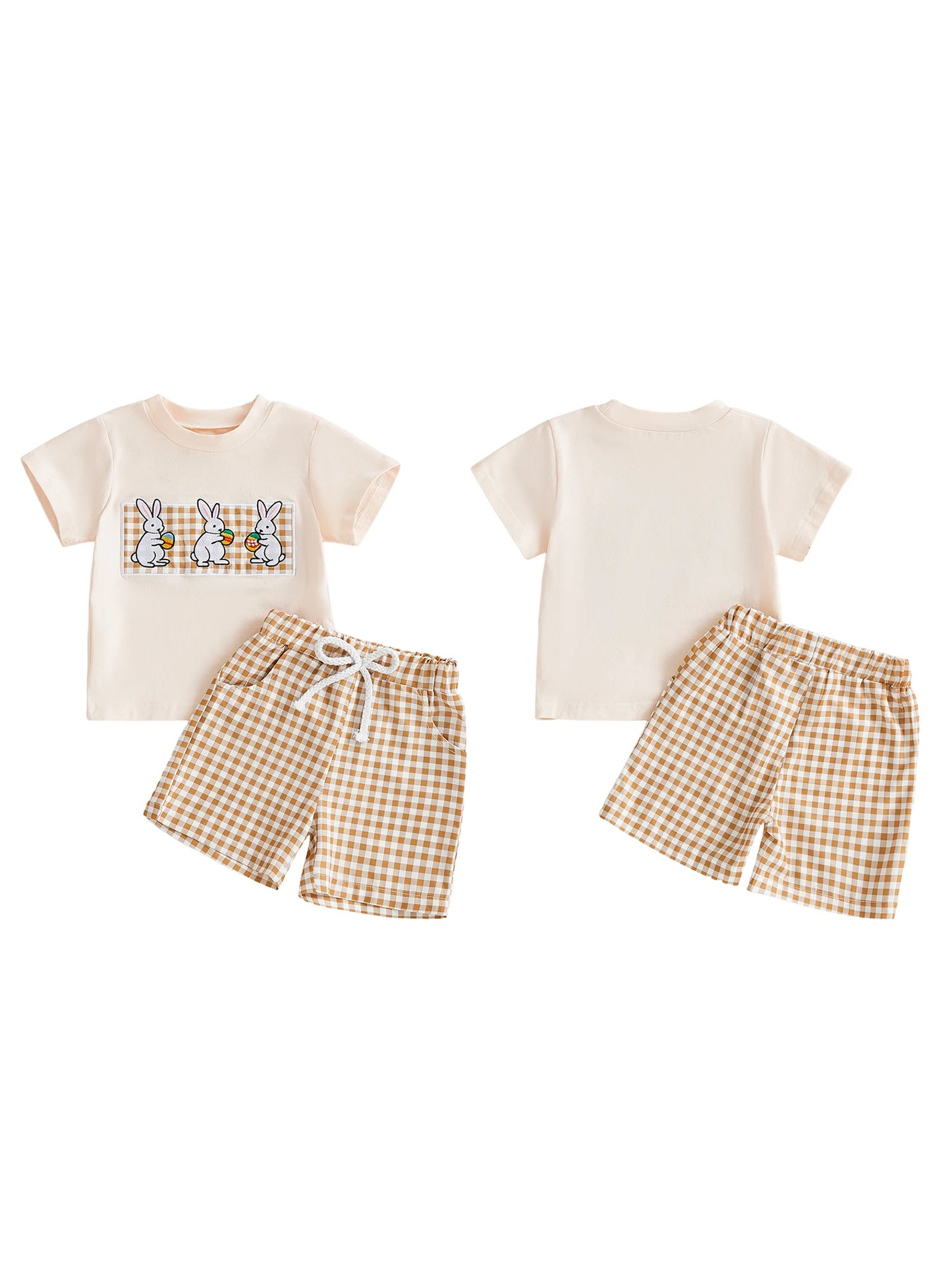 Baby Toddler Boys 2Pcs Easter Outfit Short Sleeve Round Neck Rabbit Embroidery Top and Plaid Shorts Set