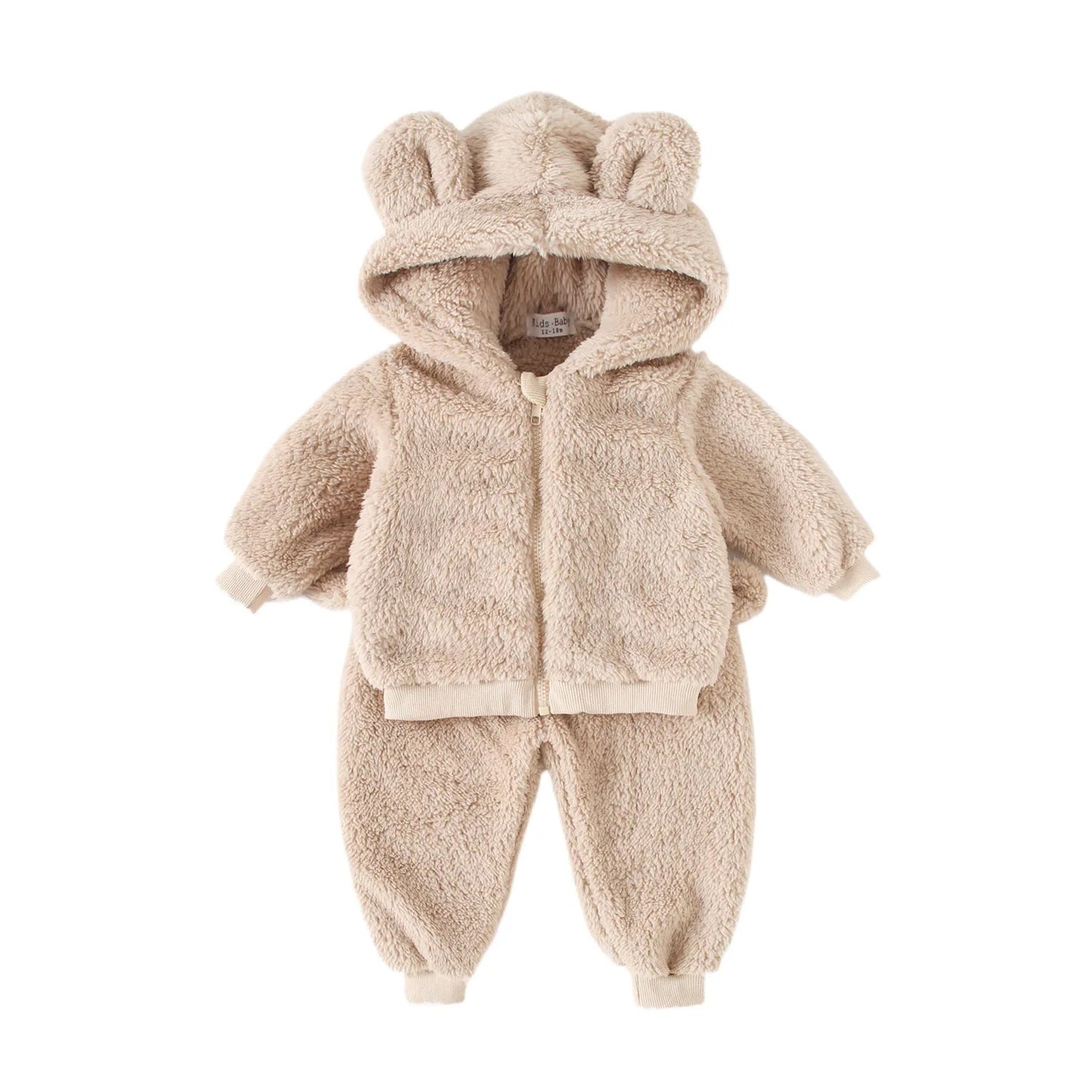 Baby Toddler Boy Girl 2Pcs Bear Winter Clothes Set Zipper Hooded Top with Ears Pant Suit Thick Warm Fleece Two Piece Jogger Set Outfit