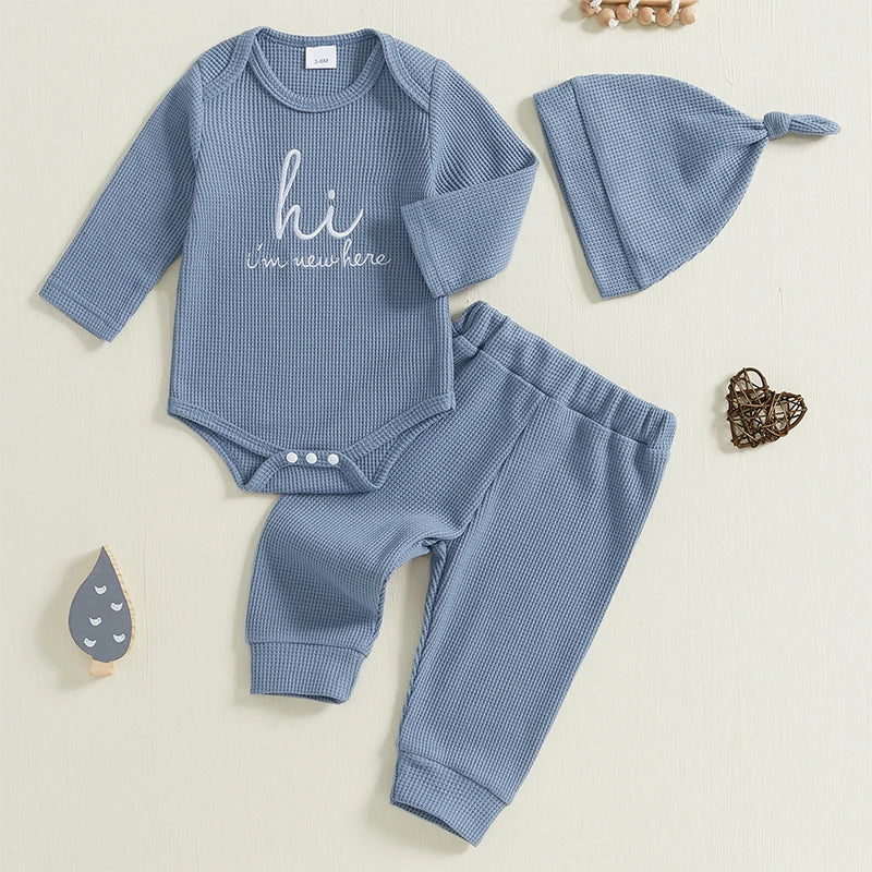 Baby Boys 3Pcs Hi I'm New Here Waffle Fall Set Letter Print Long Sleeve Round Neck Romper Long Pants Hat Outfit