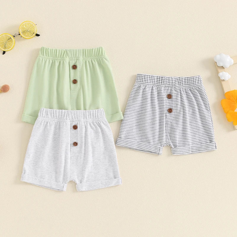 Baby Toddler Boys 3Pcs Summer Shorts Elastic Band Solid Color/Striped Button Shorts Set of Three