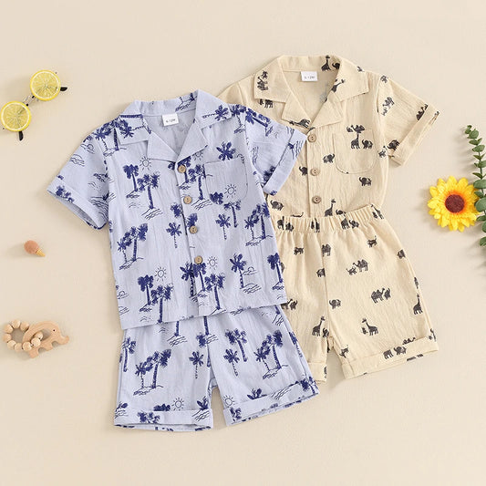 Baby Toddler Boy 2Pcs Summer Outfit Animal Palm Tree Print Lapel Neck Short Sleeve Button Down Shirt Elastic Waist Shorts Set