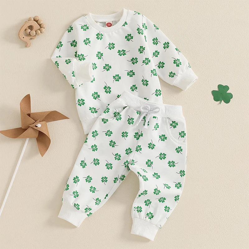 Baby Toddler Girls Boys 2Pcs St. Patrick's Day Outfit Four Leaf Clover Shamrock Print Long Sleeve Crewneck Top and Elastic Pants Jogger Set