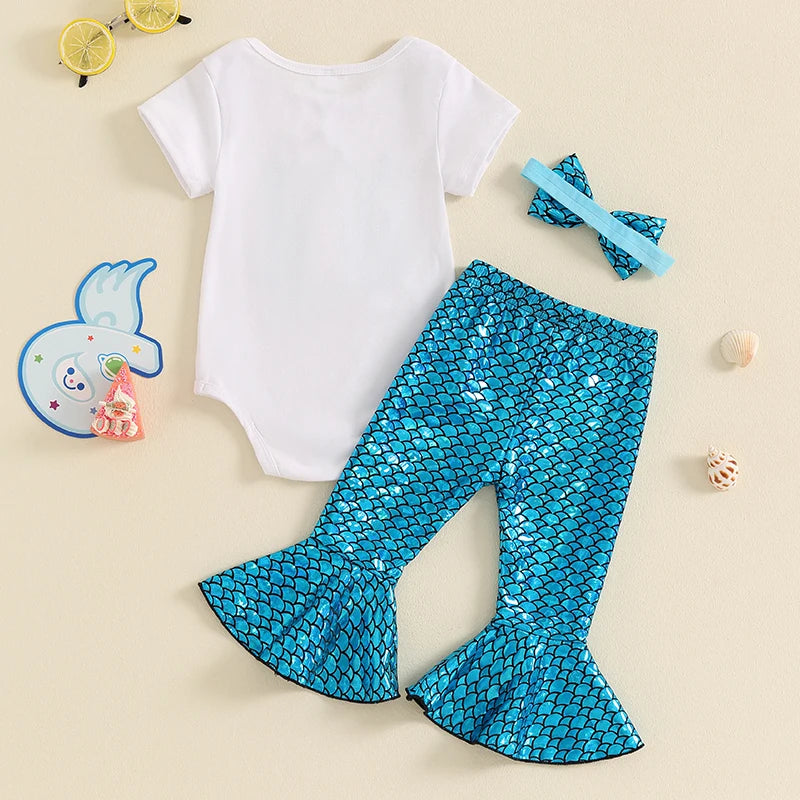 Baby Girls 3Pcs Birthday 1 One Year Old Set Short Sleeve Sequins Number Romper Mermaid Flared Pants Headband Outfit