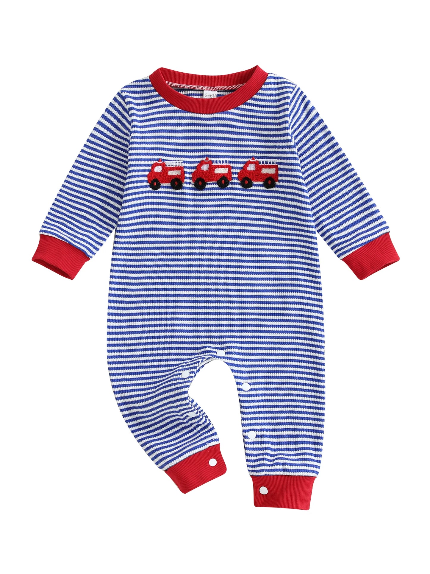 Baby Boy Fall Romper Striped Fire Truck Embroidered Crewneck Long Sleeve Full Length Jumpsuit