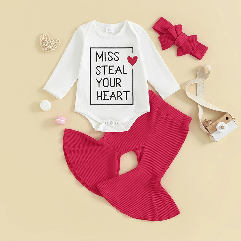 Baby Girl 3Pcs Valentine's Day Outfit Miss Steal Your Heart Letter Print Long Sleeve Romper Bell Bottom Pants with Bow Handband Set