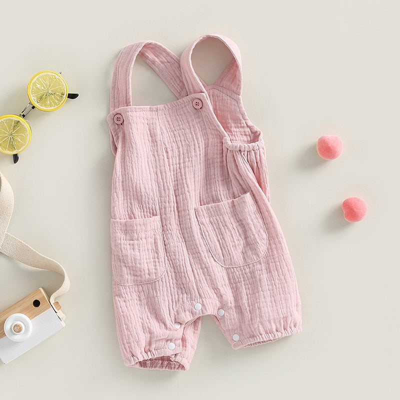 Infant Baby Boy Girl Summer Suspenders Jumpsuit Solid Romper with Pockets