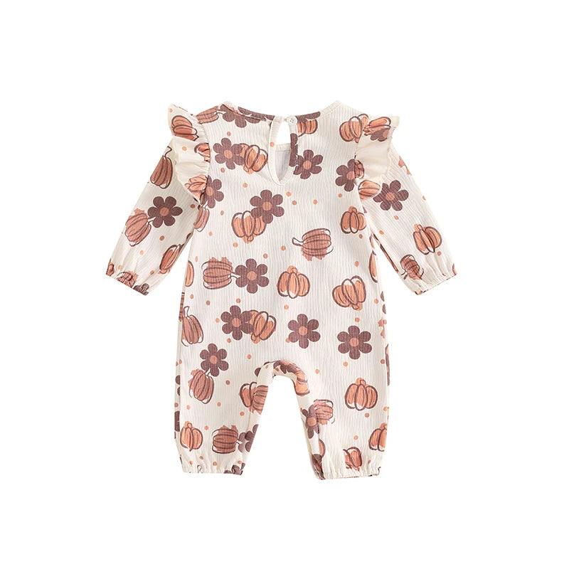 Baby Girl Halloween Thanksgiving Ruffle Romper Pumpkin Flower Print Long Sleeve Full Length Jumpsuit for Fall