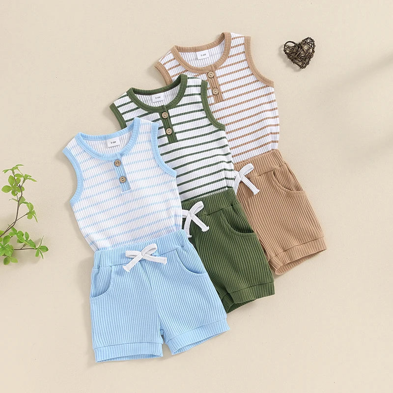 Baby Toddler Boys 2Pcs Outfit Striped Print Sleeveless Tank Top and Elastic Shorts Set Summer Clothes