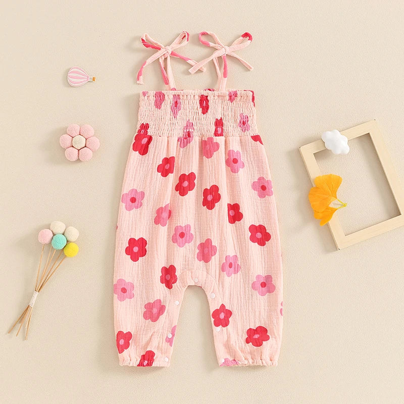 Baby Girl Romper Flower Print Shirred Square Neck Tie-Up Spaghetti Strap Tank Top Jumpsuit Summer Overalls