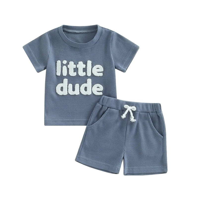 Baby Toddler Boys 2Pcs Little Dude Summer Outfit Short Sleeve Letter Print Top Solid Color Drawstring Shorts Set