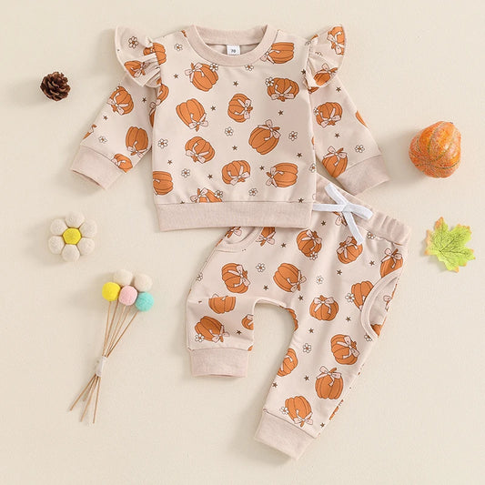 Baby Toddler Girl 2Pcs Halloween Outfit Pumpkin Print Long Sleeve Top with Elastic Waist Pants Set