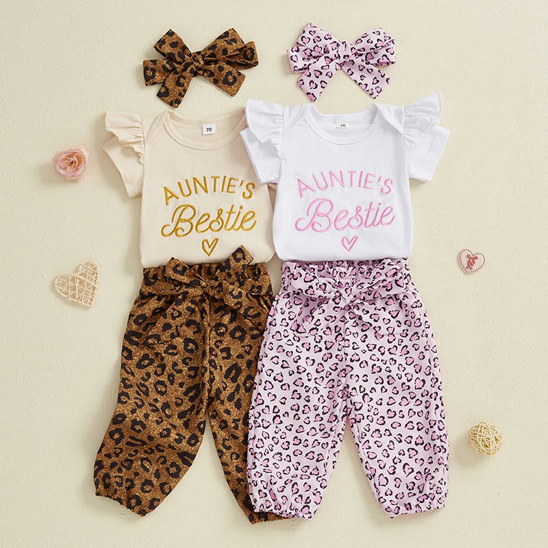 Baby Girls 3Pcs Auntie's Bestie Outfit Short Sleeve Letter Print Romper with Leopard Pattern Print Belted Pants and Headband Set