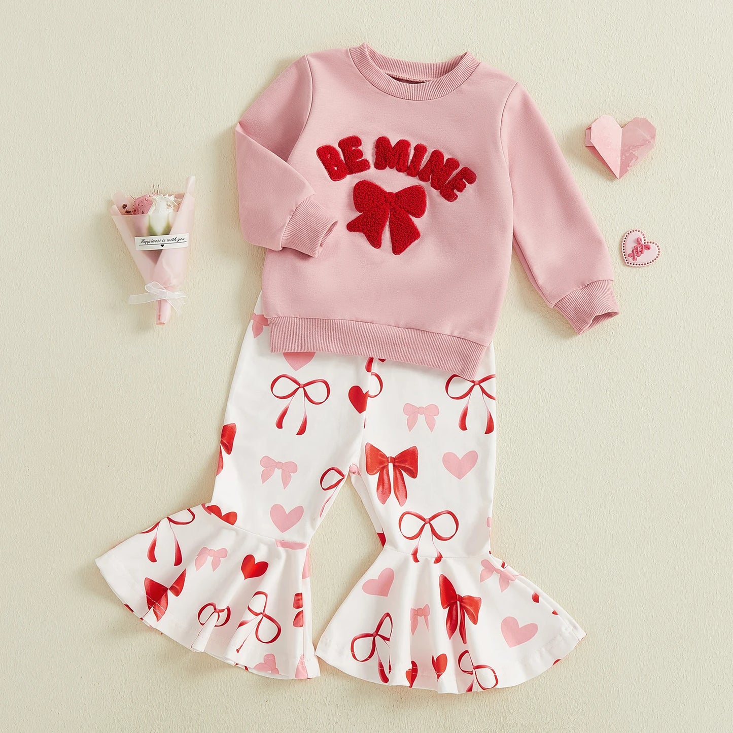 Baby Toddler Girls 2Pcs XOXO Be Mine Valentine's Day Outfit Bow Embroidery Long Sleeve Pullover Top with Bell Bottoms Clothing Set
