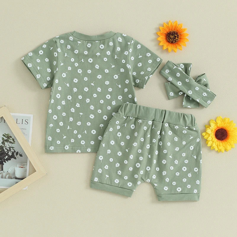 Toddler Baby Girls 3Pcs Clothes Set Floral Print Short Sleeve Top with Shorts and Headband Summer Outfit