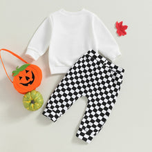 Load image into Gallery viewer, Baby Boy Girl 2Pcs Fall Outfit Set Letters Ghost Print Long Sleeve Top with Checkered Pants Halloween
