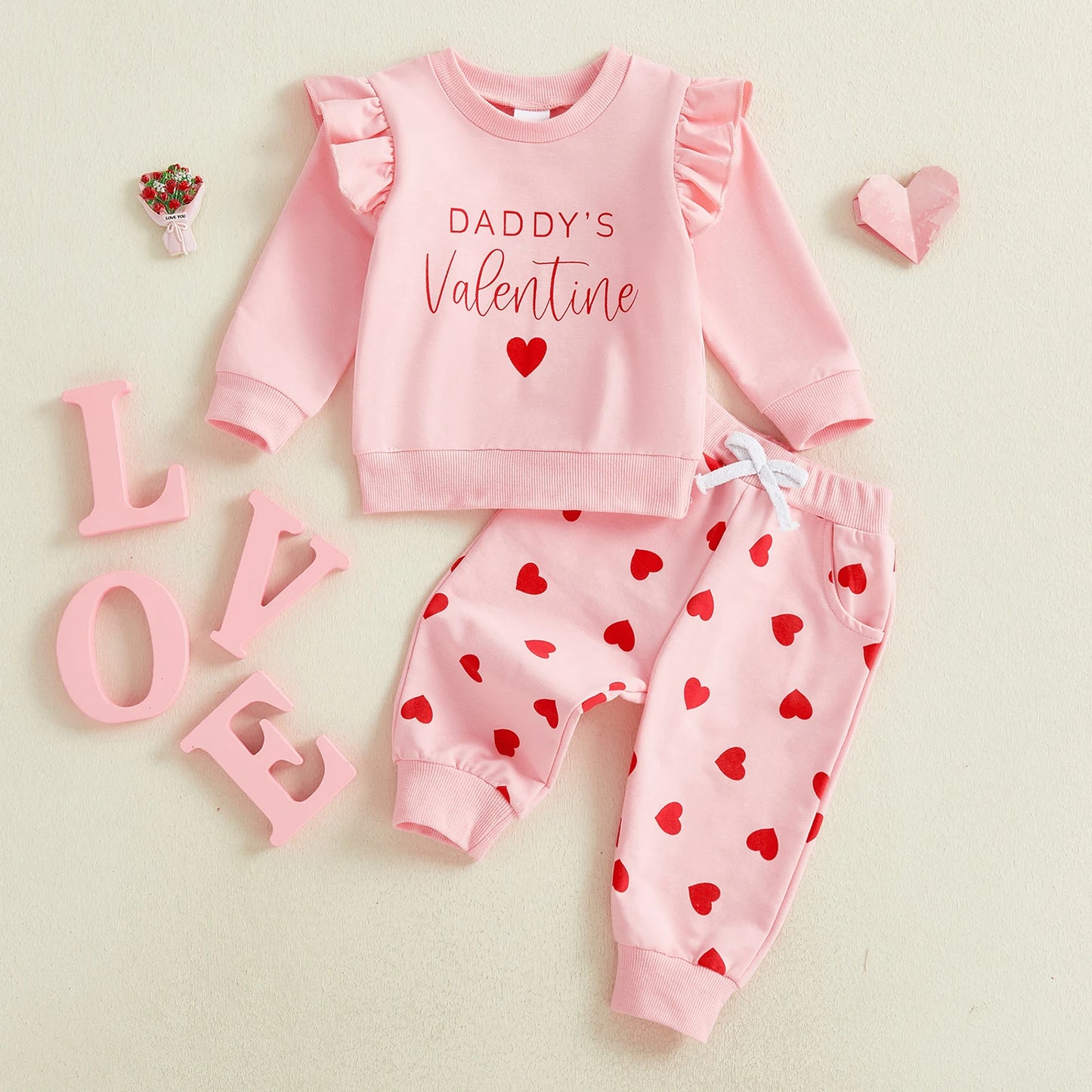 Baby Toddler Girls 2Pcs Valentine's Day 2 Piece Outfits Daddy's Valentine Letter Heart Print Long Sleeve Crew Neck Top and Elastic Waist Pants Jogger Set