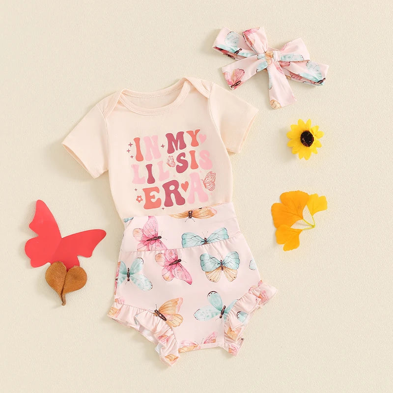 Baby Girls 3Pcs In My Lil / Big Sis Era Summer Outfit Letter Short Sleeve Romper with Butterfly Pattern Ruffled Shorts Bloomers and Headband Set