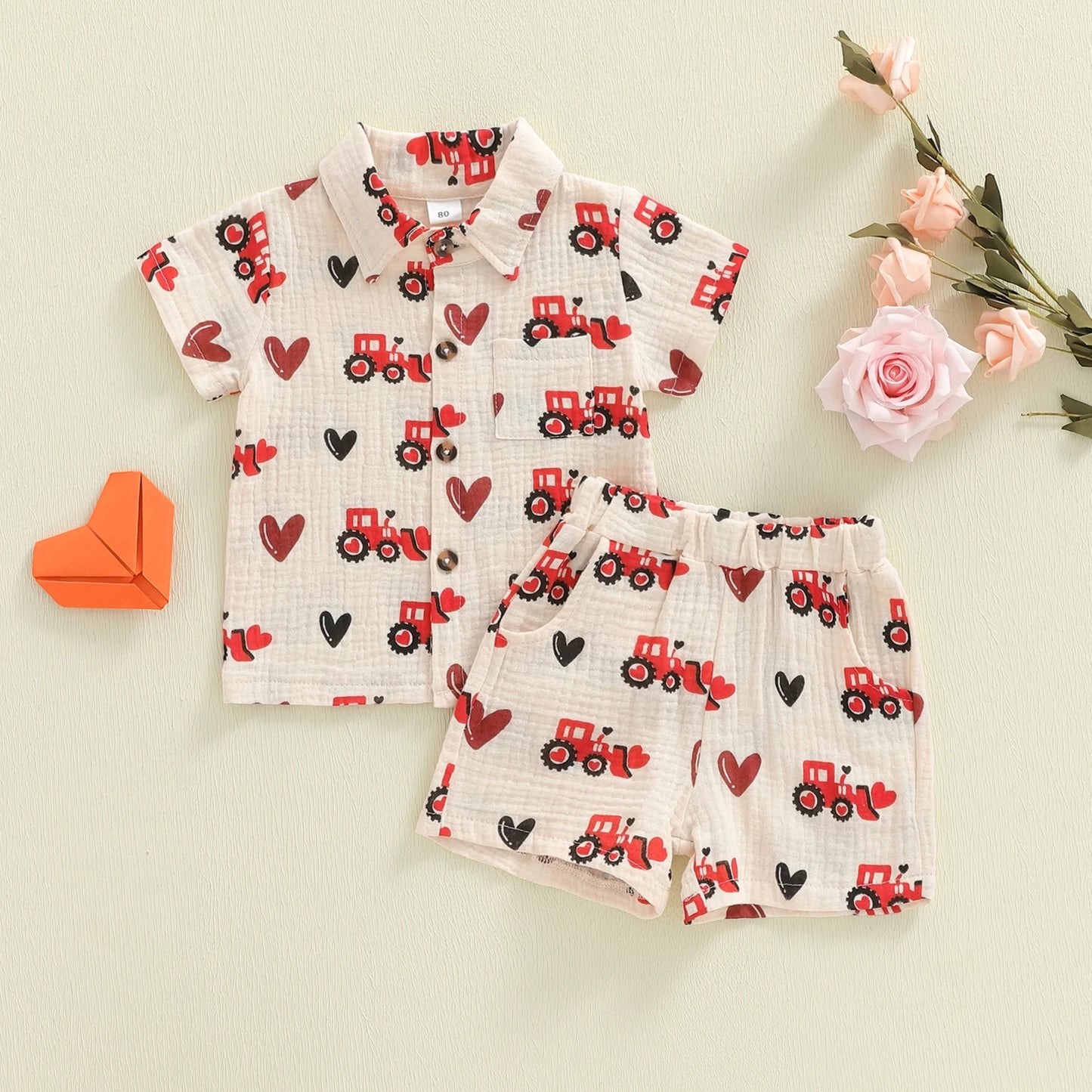 Baby Toddler Boys 2Pcs Valentine's Day Shorts Sets Short Sleeve Lapel Tractor Heart Print Top and Shorts Set