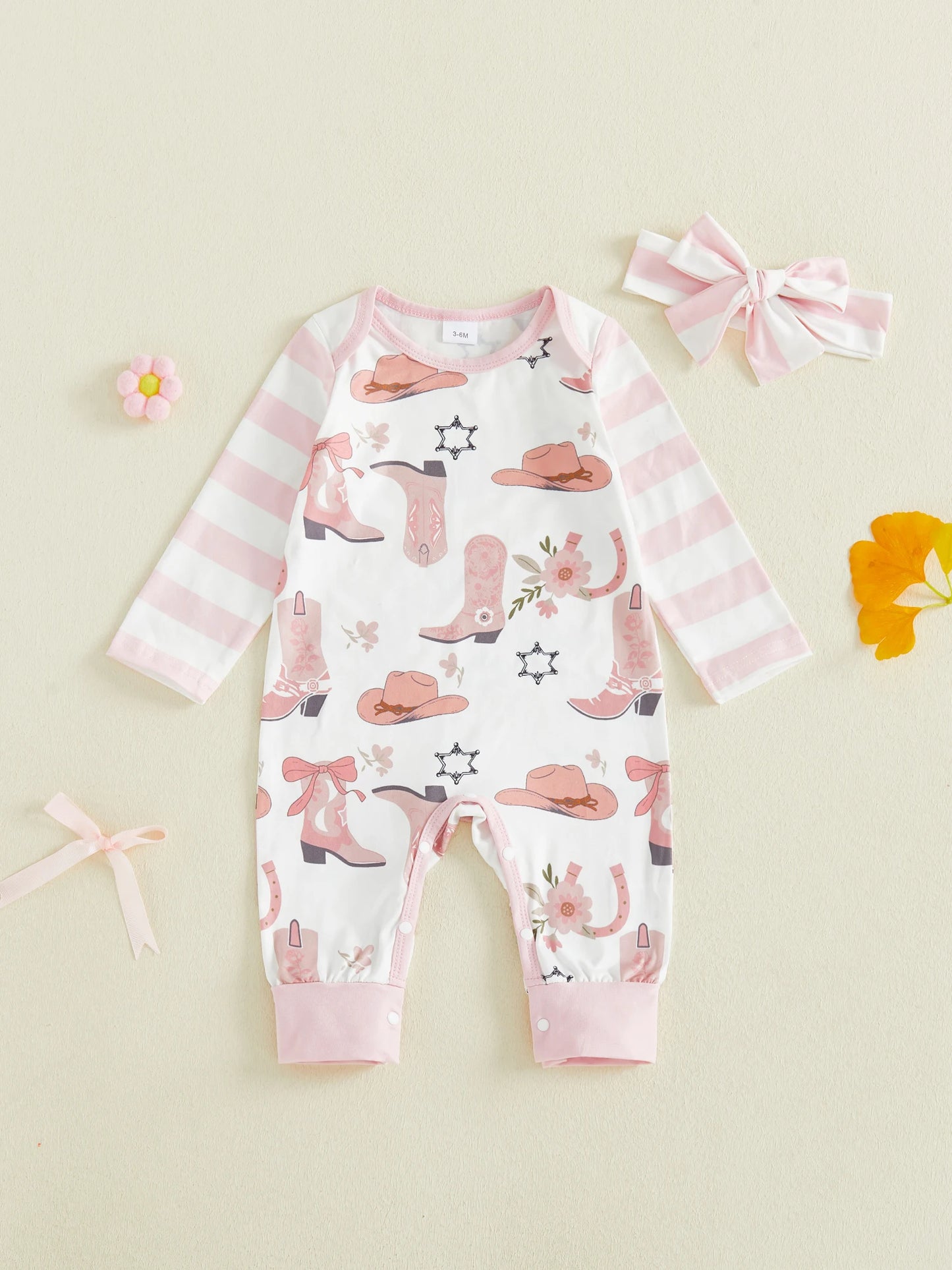 Baby Girl 2Pcs Western Outfit Long Sleeve Round Neck Cowgirl Hat Floral Print Jumpsuit with Headband Set