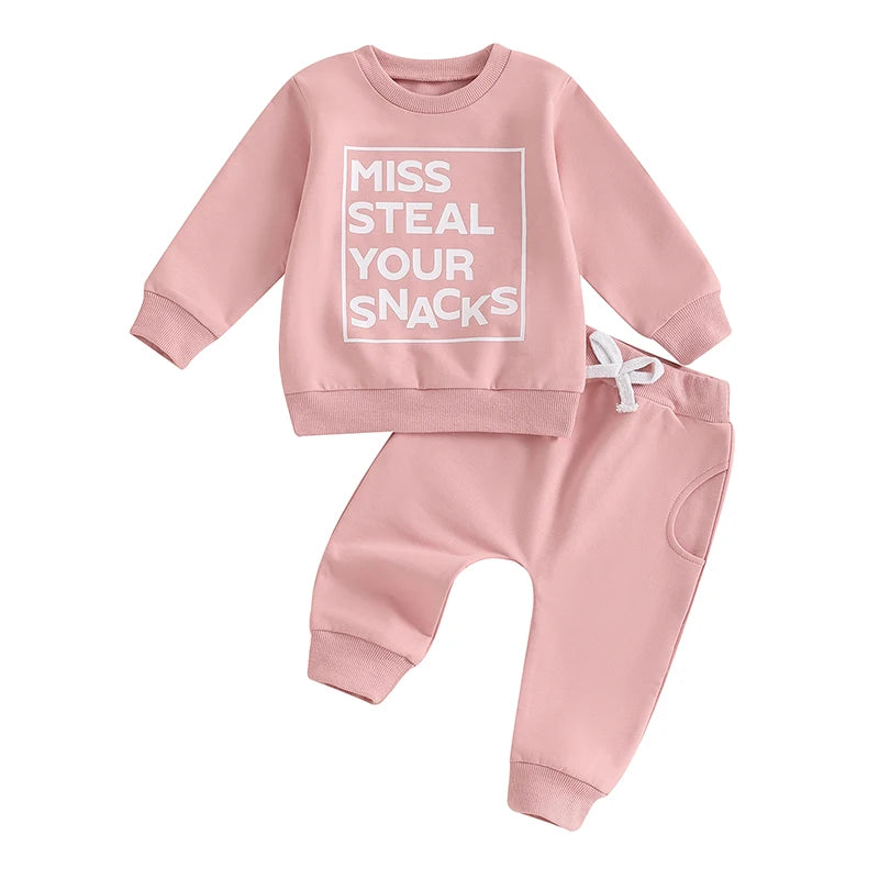 Baby Toddler Girls 2Pcs Fall Outfit Miss Steal Your Snacks Letter Print Long Sleeve Crewneck Top and Elastic Waist Pants Set