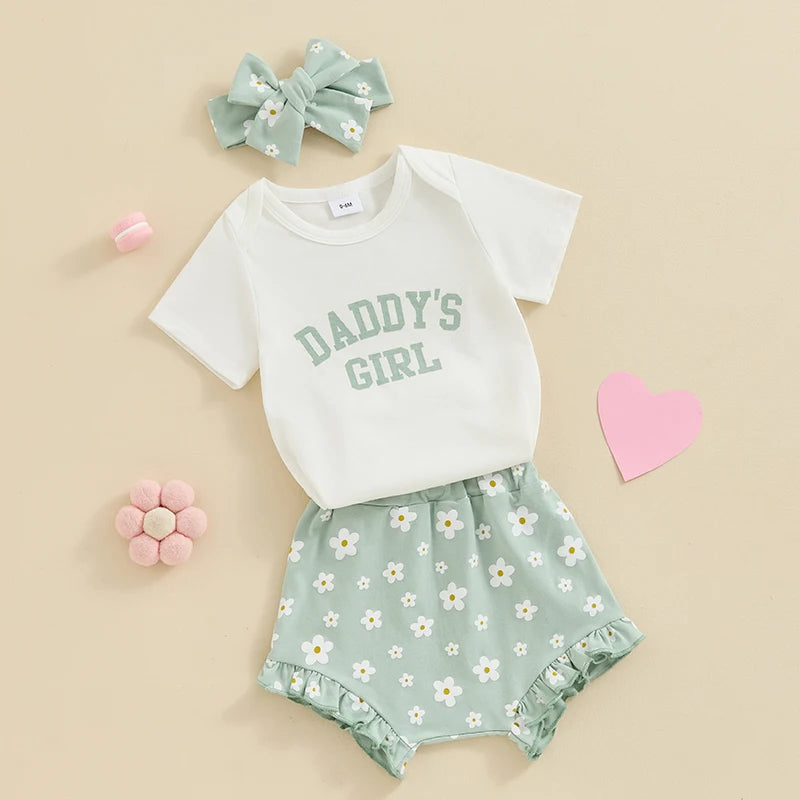 Baby Girl 3Pcs Daddy’s Girl Short Sleeve Romper Flower Ruffle Shorts Headband Outfit Set