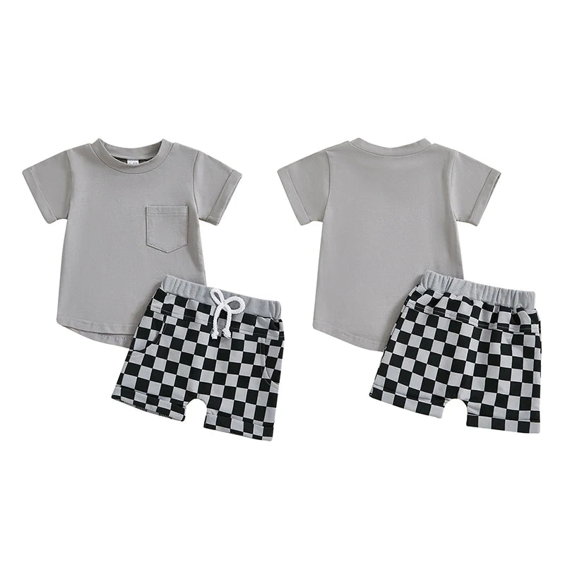 Baby Toddler Boys 2Pcs Summer Outfit Solid Color Short Sleeve Top T-Shirt Checkered Shorts Set