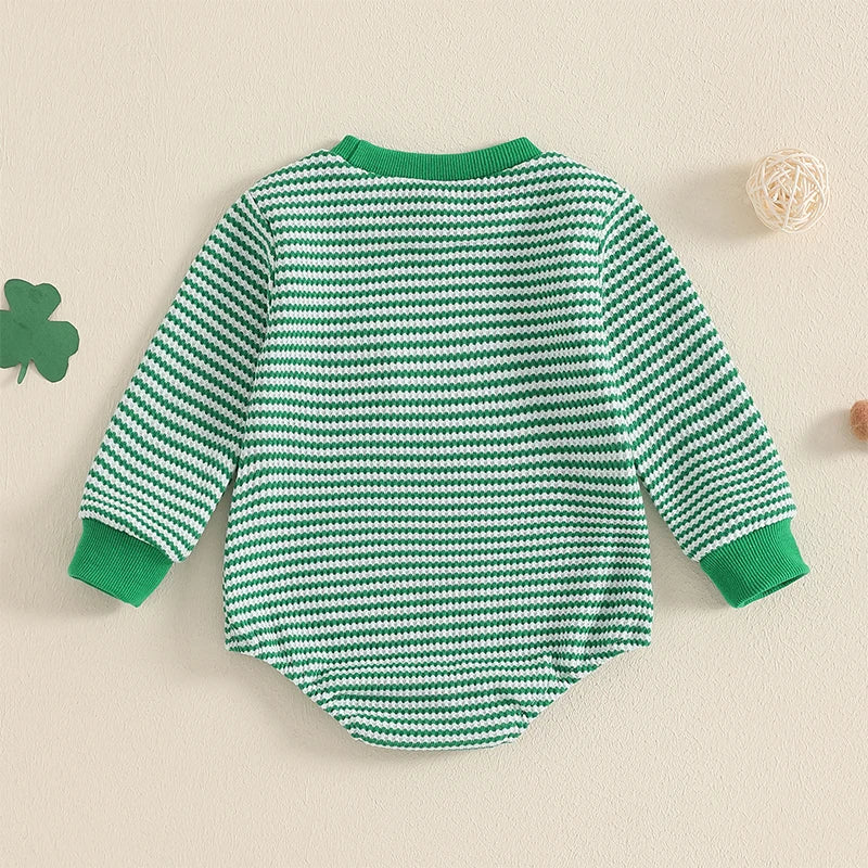 Baby Girls Boys St. Patrick's Day Romper Striped Four Leaf Clover Shamrock Waffle Long Sleeve Round Neck Jumpsuit