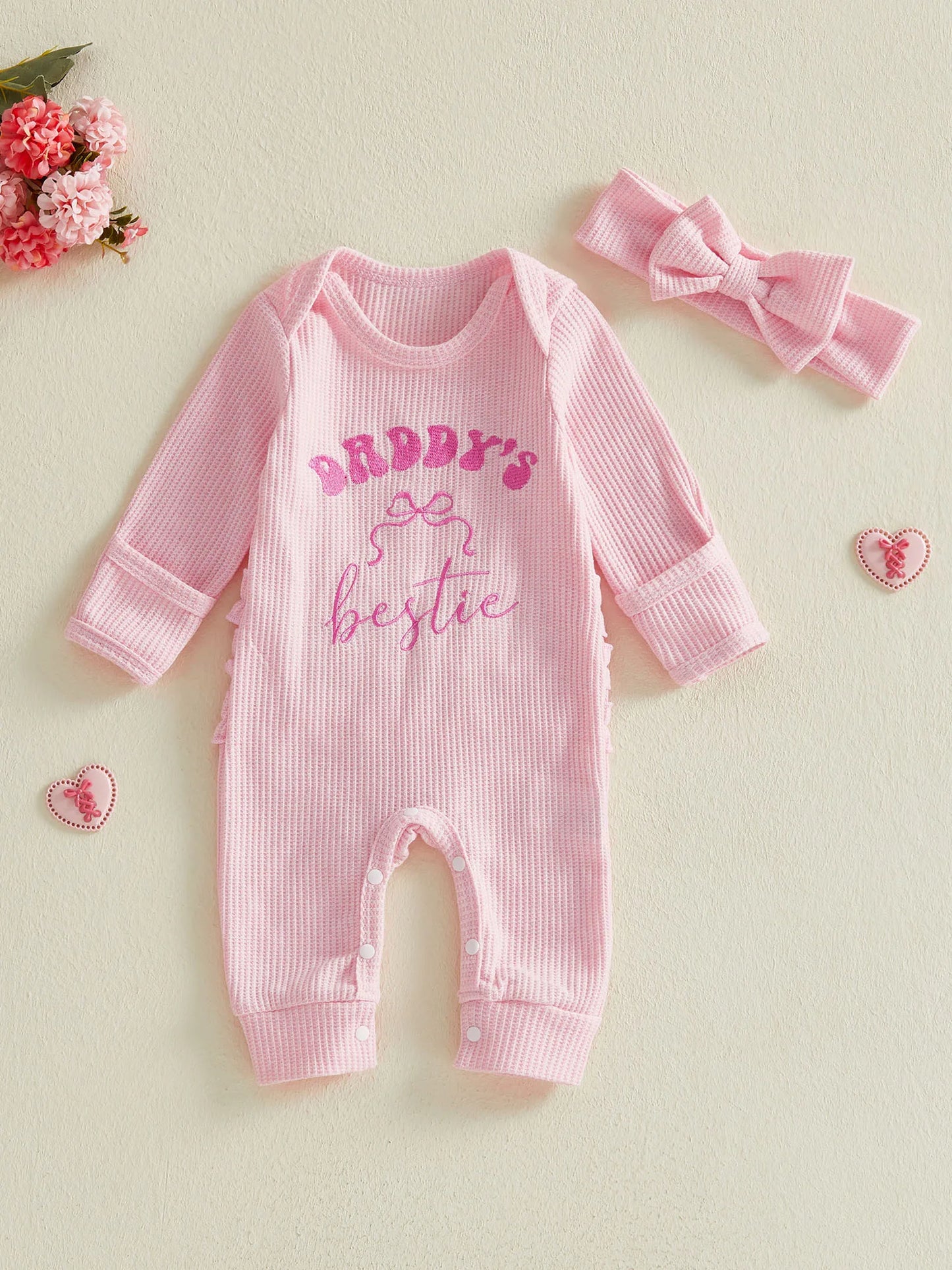 Baby Girls 2Pcs Daddy's Bestie Romper Fashionable Cute Bow Letters Embroidery Long Sleeve Jumpsuit with Headband Set