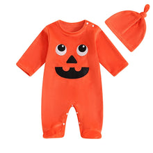 Load image into Gallery viewer, Baby Boys Girls 2Pcs Halloween Pumpkin Romper Long Sleeve Crew Neck Cartoon Embroidery Jumpsuit with Hat Set
