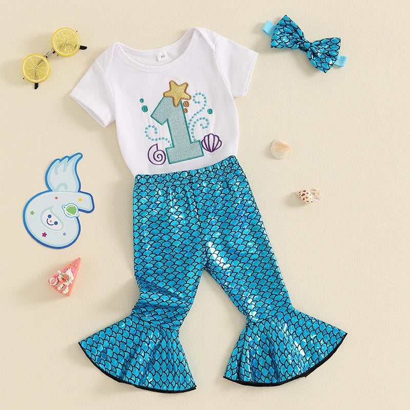 Baby Girls 3Pcs Birthday 1 One Year Old Set Short Sleeve Sequins Number Romper Mermaid Flared Pants Headband Outfit