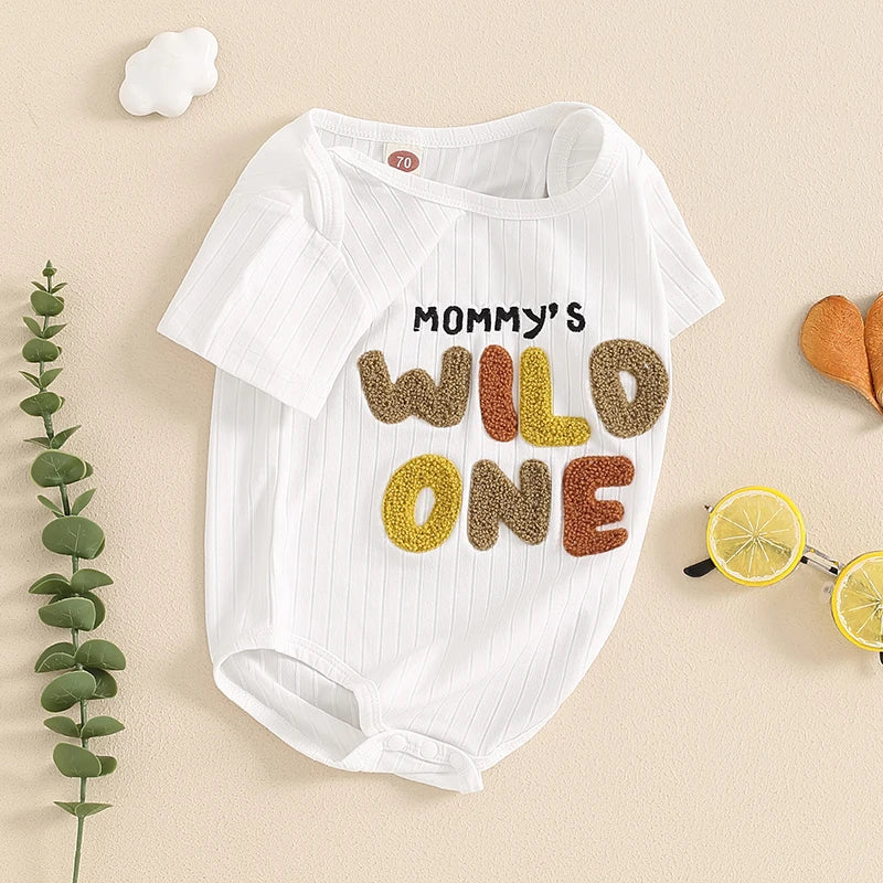 Baby Girls Boys Mommy's Wild One / Dad's Little Dude Ribbed Romper Letter Embroidery Round Neck Short Sleeve Jumpsuit