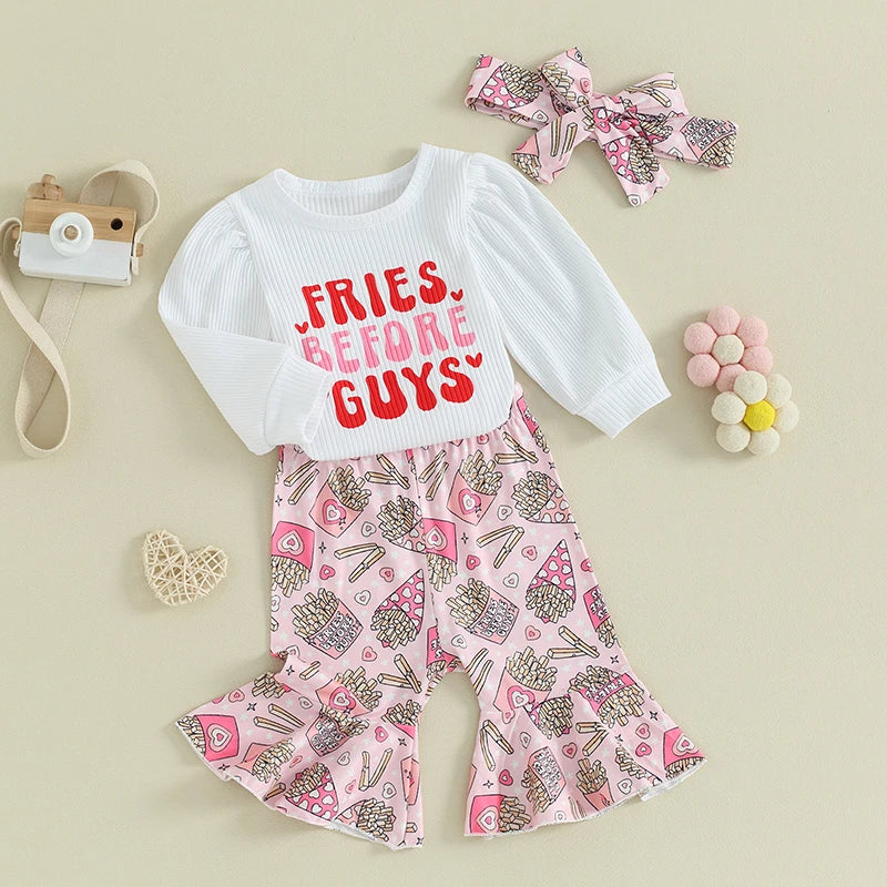 Baby Girls 3Pcs Fries Before Guys Valentine's Day Clothes Sets Letter Print Long Sleeve Romper Heart Flare Pants Headband 3Pcs Clothes Set