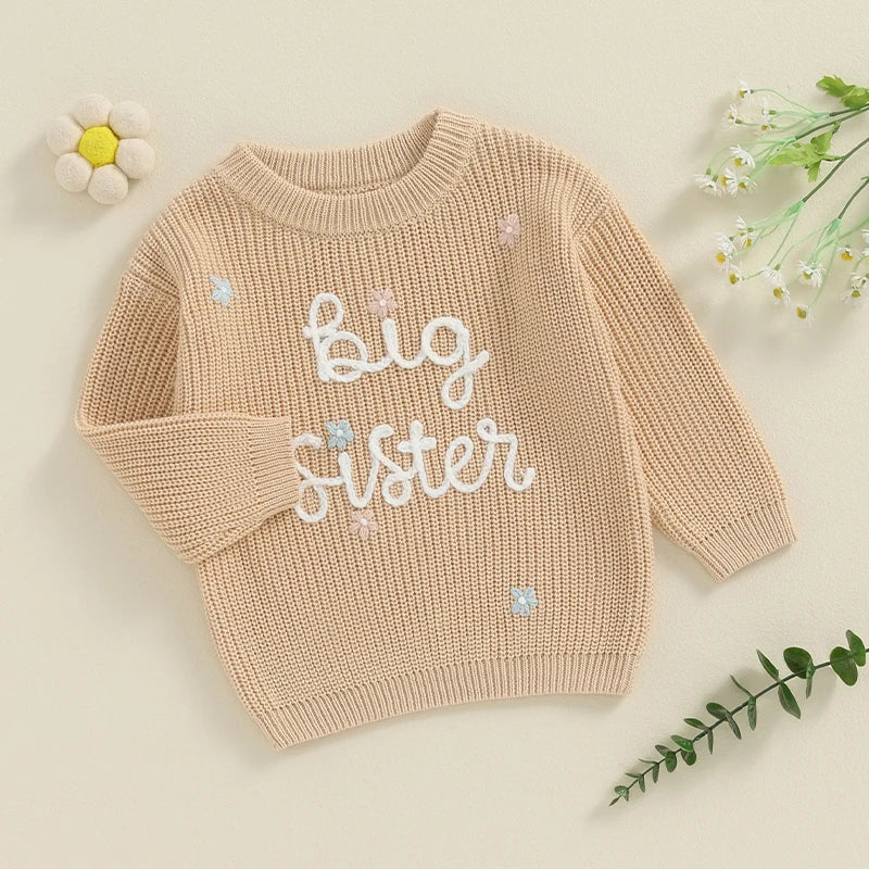 Toddler Kids Girl Big Sister Sweater Cute Long Sleeve Letter Embroidery Knit Pullover Loose Top