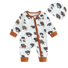 Load image into Gallery viewer, Baby Girl Boy 2Pcs Western Clothes Long Sleeve Cow Print Romper Zipper Jumpsuit Hat Fall Winter Set Outfit
