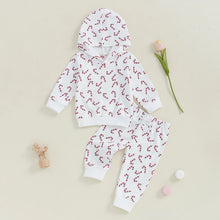 Load image into Gallery viewer, Baby Toddler Girls Boys 2Pcs Christmas Outfit Candy Cane Print Long Sleeve Hooded Pullover Top with Elastic Waist Pants Set
