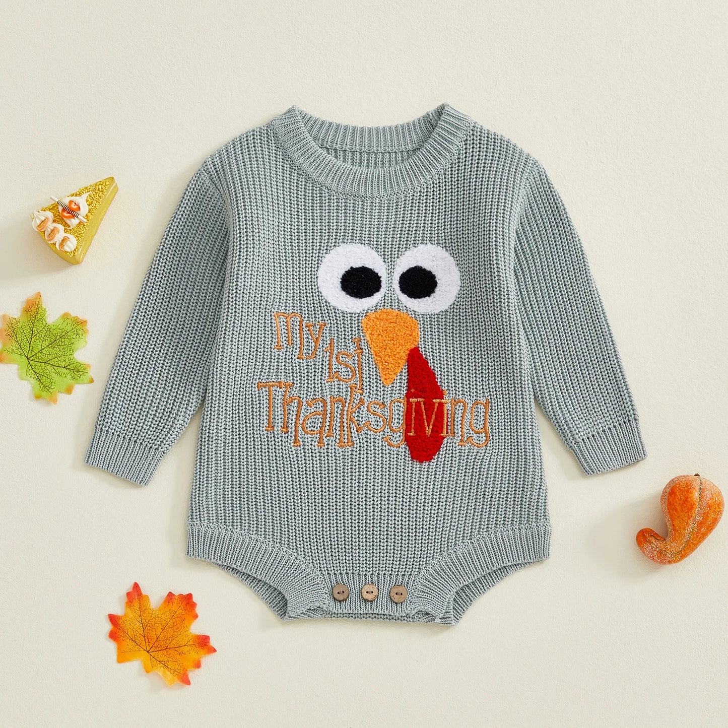Baby Boys Girls My First Thanksgiving Romper Turkey Embroidery Long Sleeve Crew Neck Knit Bodysuit Romper