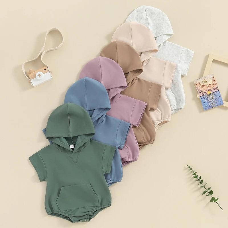 Baby Boy Girl Solid Color Hooded Bodysuit Oversized Short Sleeve Bubble Jumpsuit Pocket Spring Summer Clothes