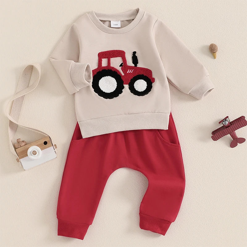 Baby Toddler Boys 2Pcs OutfitTractor Embroidery Long Sleeve Crewneck Top with Solid Long Pants Jogger Set