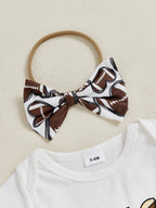 Baby Girls 3Pcs Touch Down Outfit Football Letter Print Romper Skirted Shorts Skort and Headband Bow Set