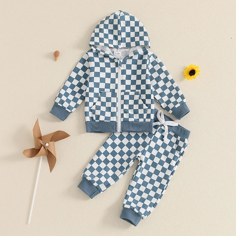 Baby Toddler Boy 2Pcs Checkered Outfit Long Sleeve Zip Up Hoodie Elastic Waist Pants with Pockets Jogger Set