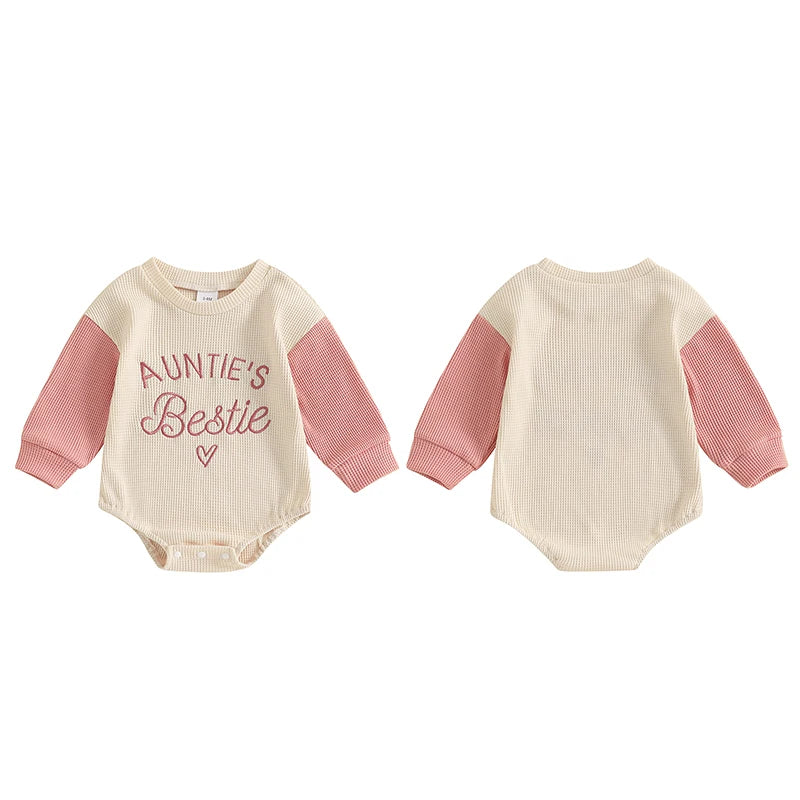 Baby Girls Auntie's Bestie Long Sleeve Embroidery Letters Heart Romper Waffle Bodysuit