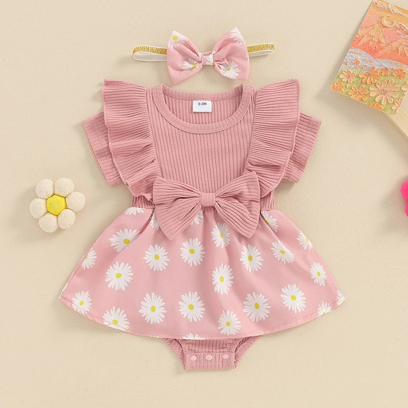 Baby Girl 2Pcs Romper Dress Skirt Daisy Print Short Sleeve Round Neck Jumpsuit Frill Sleeve with Bow Headband