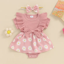 Load image into Gallery viewer, Baby Girl 2Pcs Romper Dress Skirt Daisy Print Short Sleeve Round Neck Jumpsuit Frill Sleeve with Bow Headband
