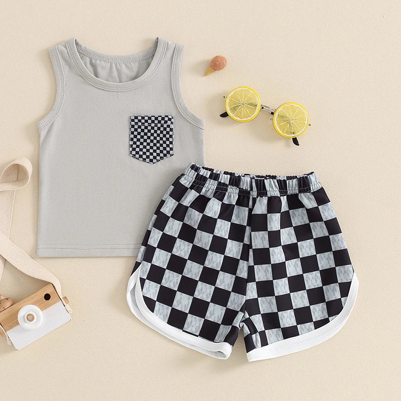 Baby Toddler Boys 2Pcs Sleeveless Tank Top with Pocket and Checkerboard Print Shorts Set Outfit