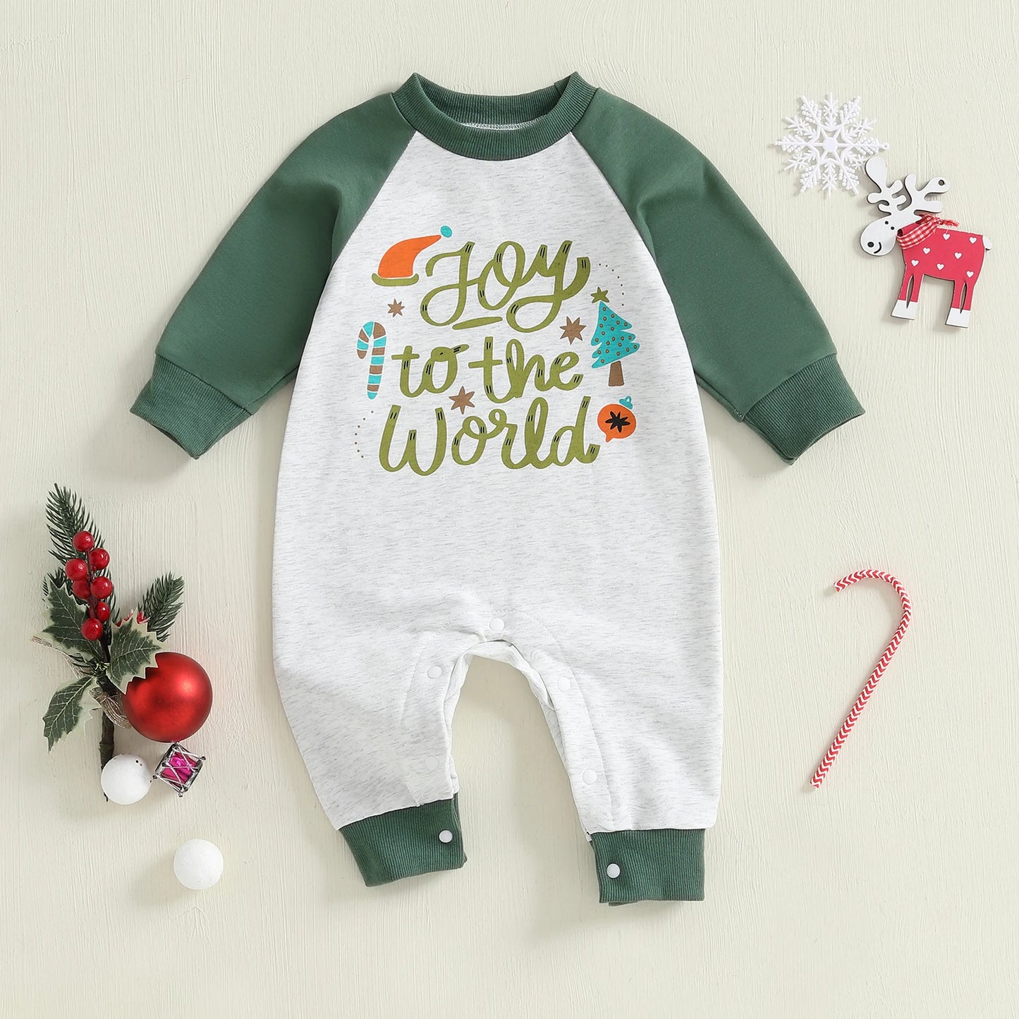 Baby Boys Girls Joy To The World Christmas Romper Letter Tree Long Raglan Sleeve Crewneck Jumpsuit Winter Clothes
