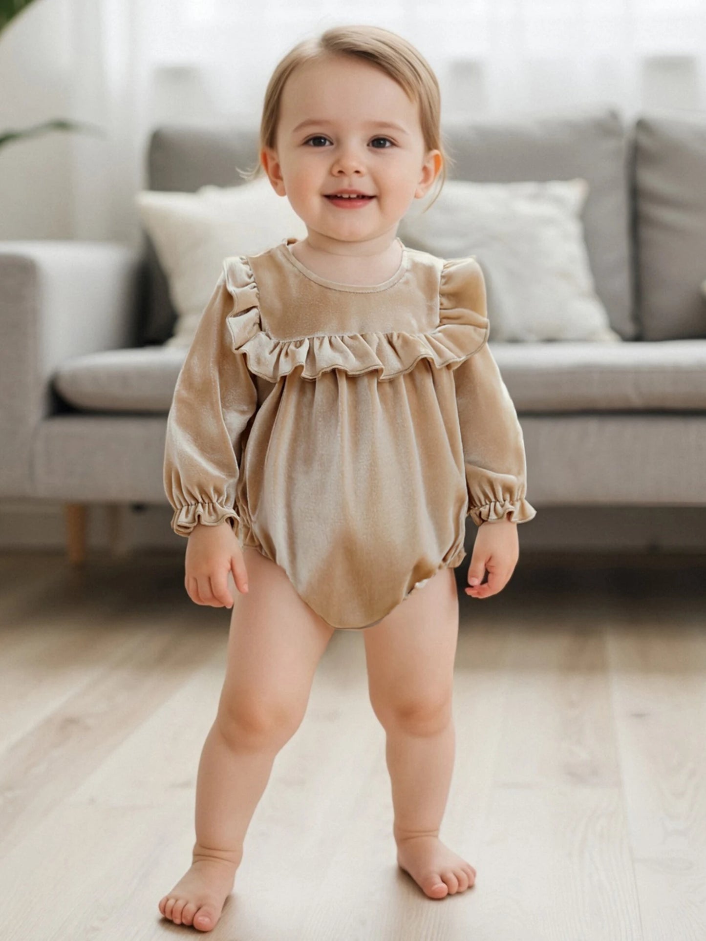 Baby Girls Velvet Romper Solid Color Ruffled Round Neck Long Sleeve Bubble Jumpsuit